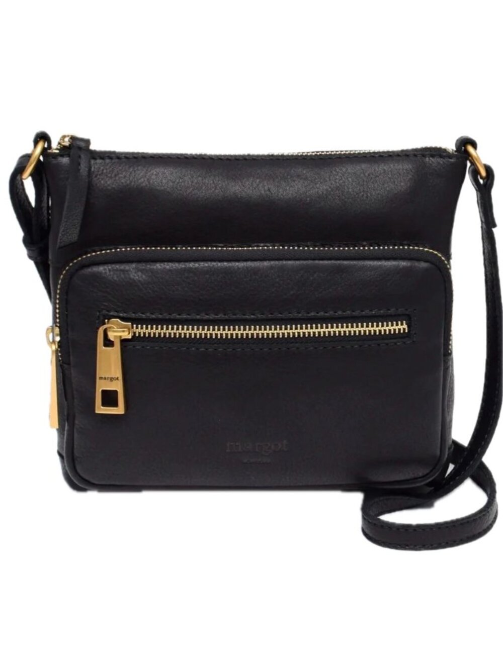 Margot Peyton Premium Leather Crossbody Bag in Black with Antique Brass NEW